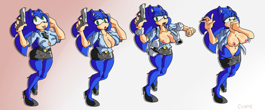 anthro big_breasts blue_hair breasts cleavage clothed clothing crossgender crying cuisine cum cum_everywhere disembodied_hand disembodied_hands erect_nipples female green_eyes grope gun hair hedgehog mammal messy nipples police pussy ranged_weapon sega skirt sonic_(series) sonic_the_hedgehog tears weapon