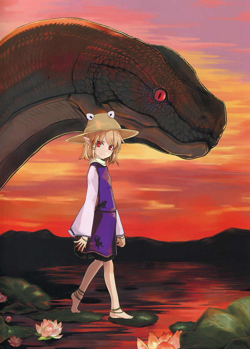absurdres anklet barefoot blonde_hair cropped dusk flower hat highres jewelry lily_pad lotus mishaguji moriya_suwako pointy_ears red_eyes scan short_hair slit_pupils snake solo touhou virus_(obsession) water