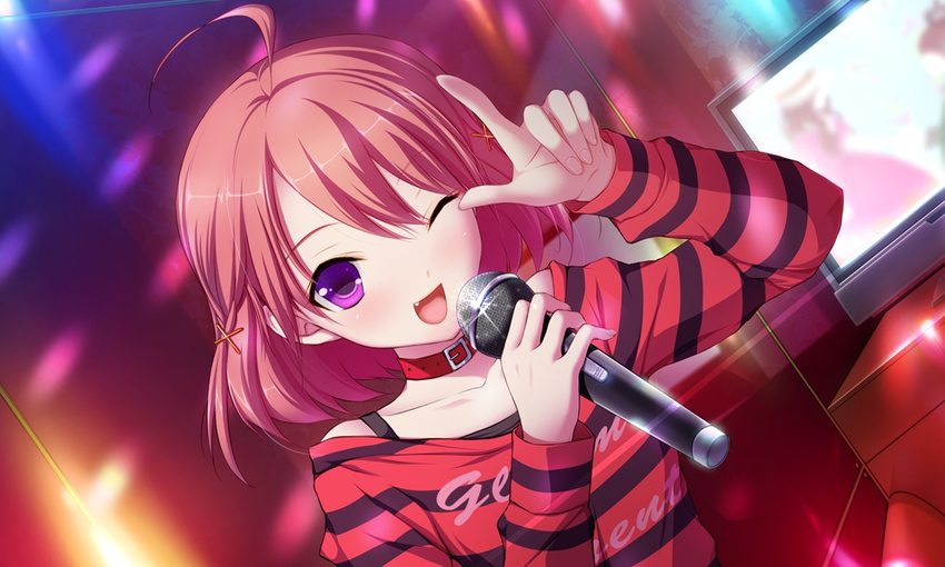 1girl ;d ahoge collar fang female finger_up fujikawa_runa hair_ornament hairclip hatsukoi light microphone one_eye_closed open_mouth pink_hair purple_eyes runa_fujikawa smile solo striped television tv wink