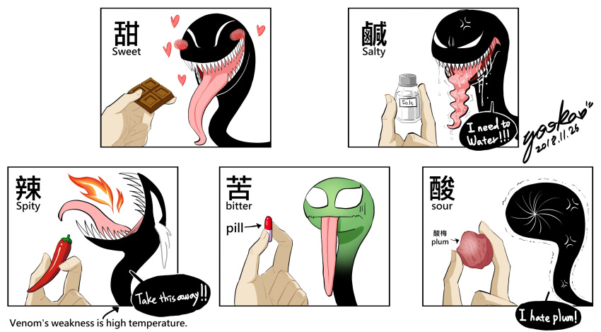 absurdres anger_vein bilingual blush_stickers chili chocolate crying dated english_text expressions fire food happy heart highres long_tongue marvel open_mouth pill plum saliva salt sharp_teeth signature solo symbiote teeth tongue tongue_out typo venom_(marvel) yooko