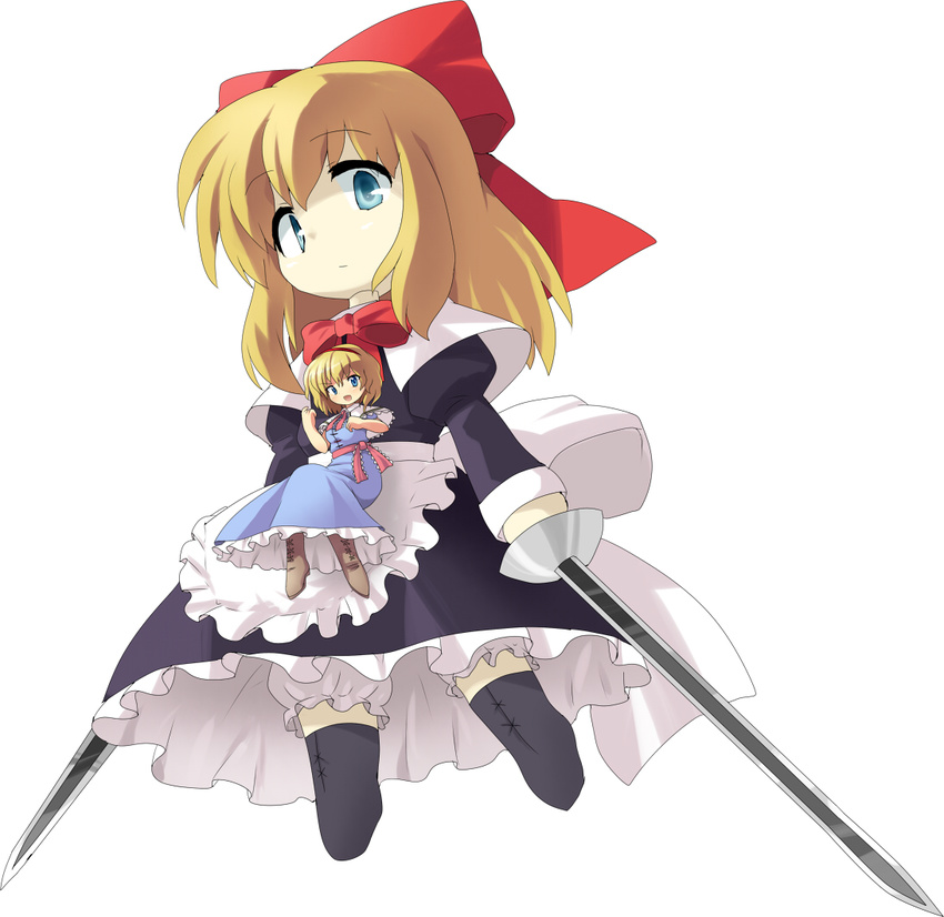 alice_margatroid apron asyura7 blonde_hair blue_eyes bow capelet cross-laced_footwear dual_wielding goliath_doll hair_bow holding long_hair long_skirt long_sleeves puffy_sleeves short_hair short_sleeves skirt sword touhou weapon white_background