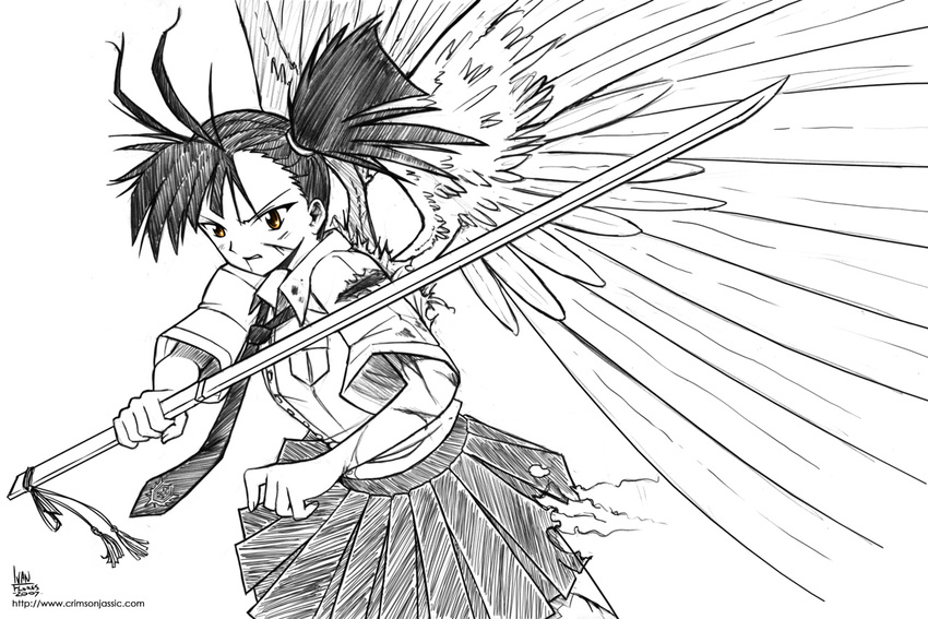 angel_wings angry artist_name bleeding blood breast_pocket buttons collared_shirt crest dated feathered_wings greyscale holding holding_weapon injury ivan_flores mahora_academy_middle_school_uniform mahou_sensei_negima! monochrome necktie open_eyes open_mouth pleated_skirt pocket sakurazaki_setsuna school_uniform shirt signature simple_background skirt solo sword tassel torn_clothes uniform watermark weapon web_address white_background wings yellow_eyes