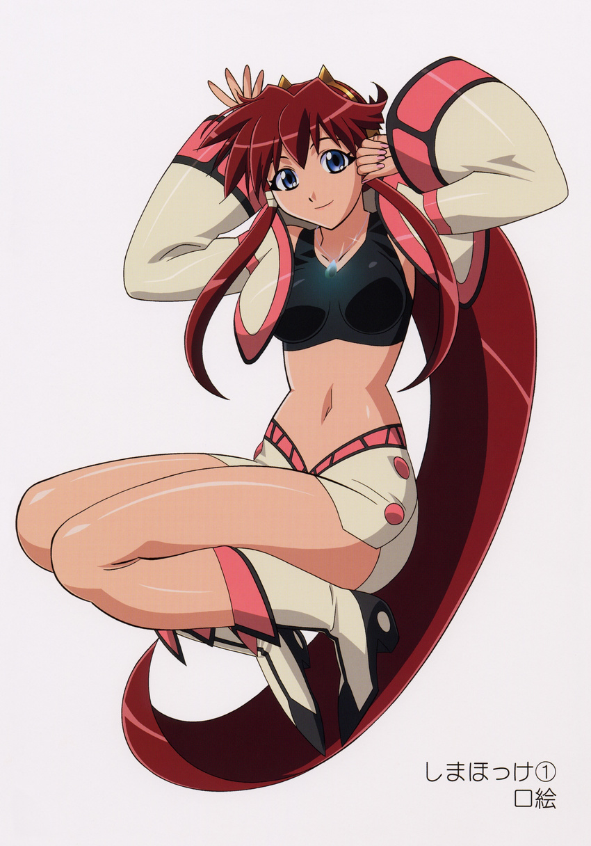 absurdres arms_up blue_eyes boots crop_top dita_liebely fingernails full_body hair_ornament highres jacket jewelry kuroda_kazuya legs long_fingernails long_hair midriff miniskirt nail_polish navel necklace non-web_source pendant pink_nails red_hair scan shiny simple_background skirt smile solo tank_top vandread very_long_hair