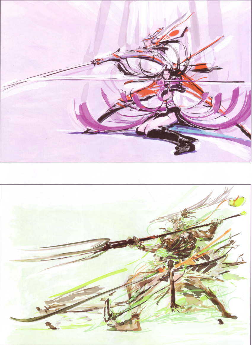 2girls absurdres armor azai_nagamasa_(sengoku_basara) highres maeda_toshiie matsu_(sengoku_basara) multiple_boys multiple_girls naginata oichi_(sengoku_basara) polearm samurai sengoku_basara sword tsuchibayashi_makoto weapon