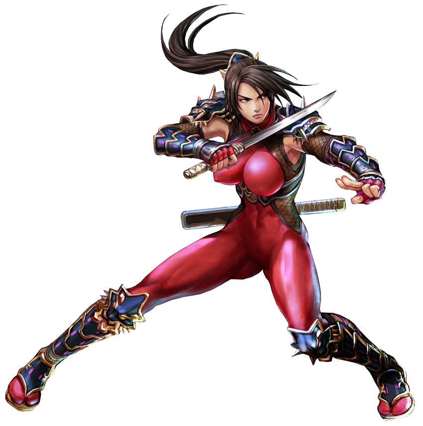 absurdres angry ass_visible_through_thighs black_eyes black_hair bodysuit breasts covered_nipples dagger fighting_stance fingerless_gloves fishnets frown gloves hair_ornament highres impossible_clothes kawano_takuji large_breasts long_hair ninja official_art ponytail red_bodysuit sandals sheath simple_background skin_tight solo soulcalibur soulcalibur_iv taki_(soulcalibur) weapon