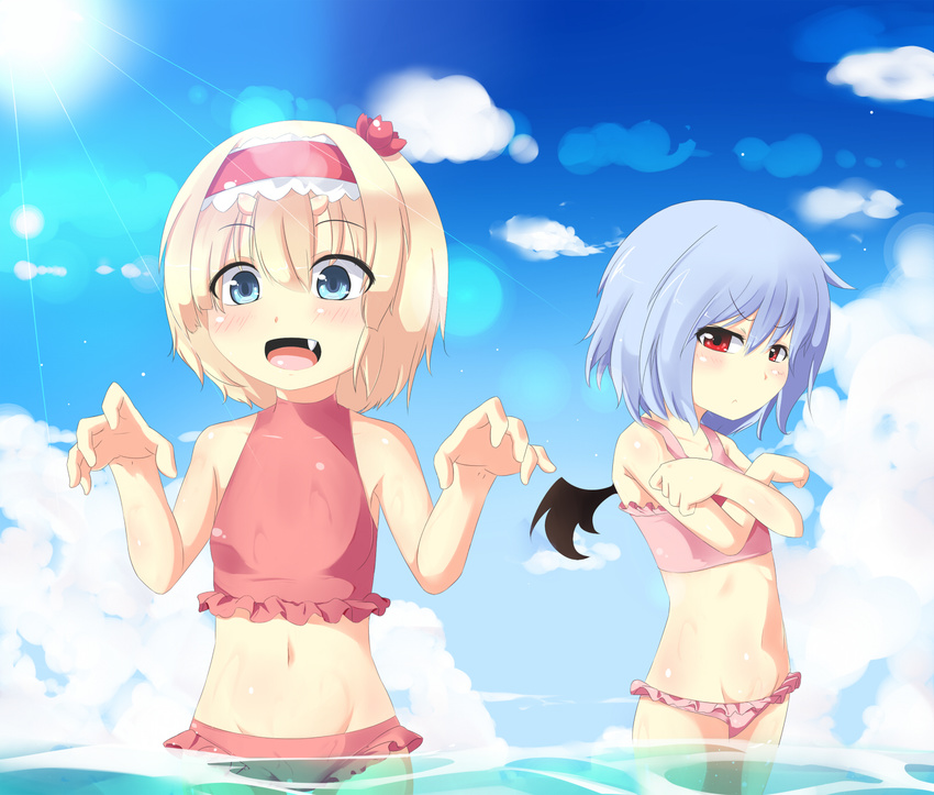 :d alice_margatroid bat_wings blonde_hair blue_eyes blue_hair blush child cloud day fang frilled_swimsuit frills hairband highres meracle multiple_girls open_mouth partially_submerged red_eyes remilia_scarlet sky smile sunlight swimsuit touhou wings