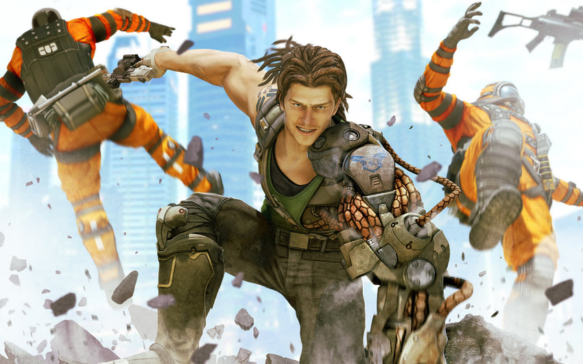 3d armor battle bionic_commando boots borwn_hair brown_hair capcom city cyborg gloves green_eyes gun hairlocs handgun hazmat highres nathan_spencer official_art pistol promotional_art realistic rifle rock ruins science_fiction soldier tank_top terrorist video_game weapon