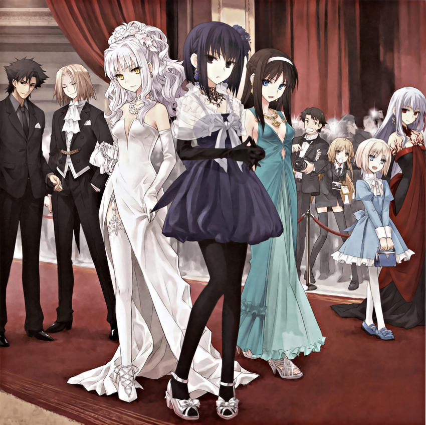 3boys 428 6+girls absurdres bag black_gloves black_hair black_legwear breasts canaan caren_hortensia caren_ortensia chunsoft company_connection crossover dark_sakura dress earrings elbow_gloves emiya_kiritsugu everyone eyes eyes_closed facial_hair fate/hollow_ataraxia fate/prototype fate/stay_night fate/zero fate_(series) flower formal full_body garter_straps gloves gown hair_flower hair_ornament handbag high_heels highres jewelry konoe_ototsugu kuonji_alice mahou_tsukai_no_yoru mary_janes matou_sakura melty_blood minorikawa_minoru multiple_boys multiple_girls necklace necktie oosawa_maria open_shoes pantyhose pearl_necklace purse sajou_manaka scan shoes short_hair side_slit skirt skirt_suit stubble suit thighhighs toenail_polish toono_akiha tsukihime type-moon wallachia white_dress white_gloves white_hair white_legwear yellow_eyes