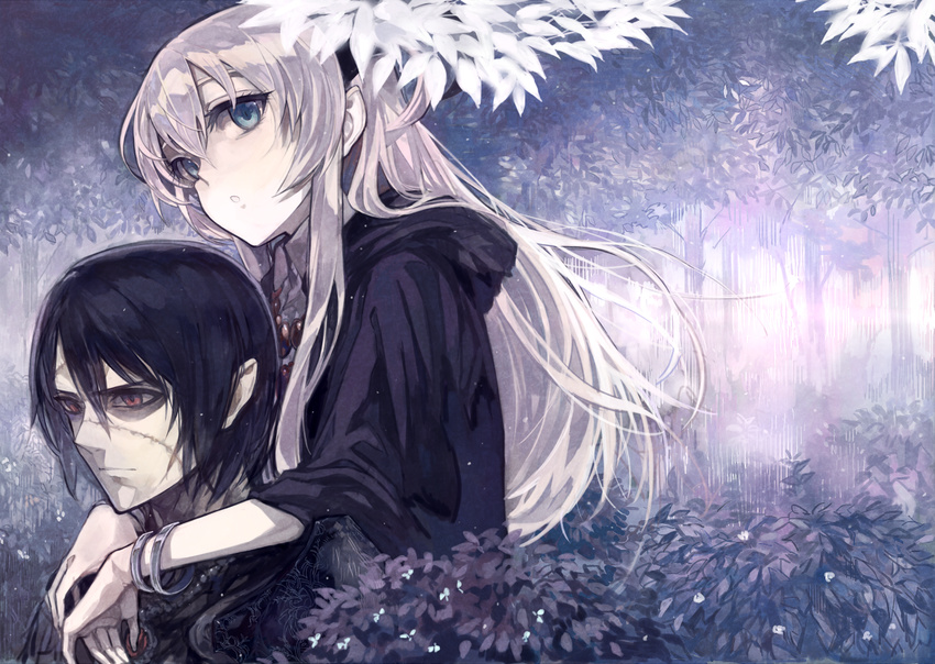 1girl black_hair blue_eyes grey_hair jacket long_hair original red_eyes scar short_hair shrimpman stitches tree