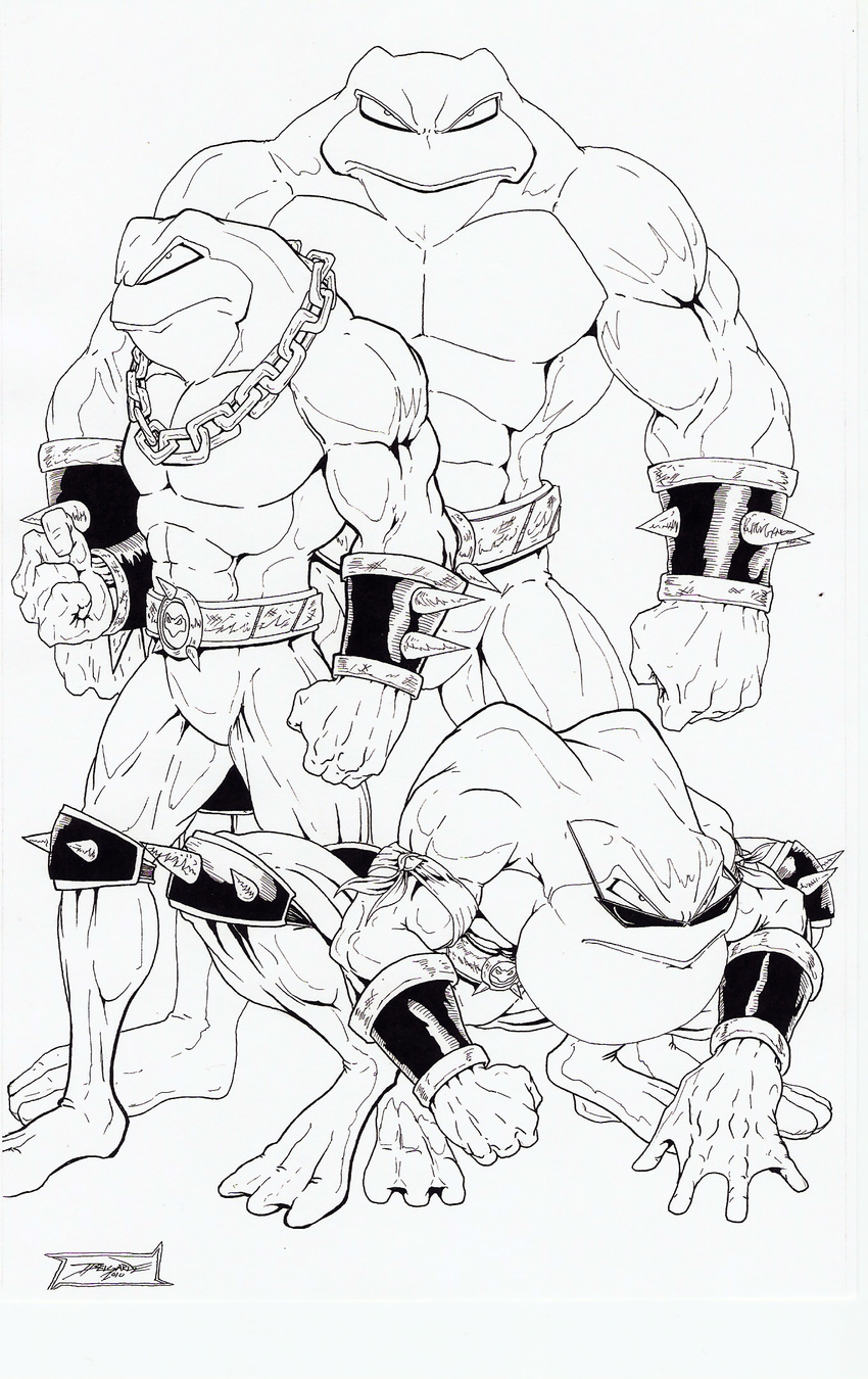 amphibian anthro armor battletoads belt biceps black_and_white chain eyewear flexing male monochrome muscles mutant necklace pecs pimple pimple_(battletoads) pose rash rash_(battletoads) sunglasses toad topless vassago video_games zitz zitz_(battletoads)