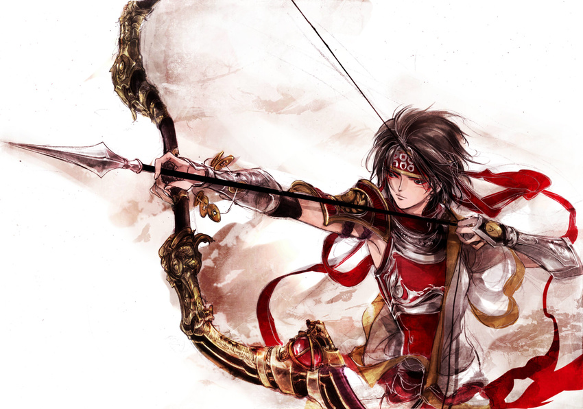 aiming arrow bow_(weapon) brown_eyes brown_hair drawing_bow genderswap genderswap_(mtf) headband highres holding holding_arrow holding_bow_(weapon) holding_weapon left-handed noudondon outstretched_arm sanada_yukimura_(sengoku_musou) sengoku_musou sengoku_musou_3 short_hair solo weapon