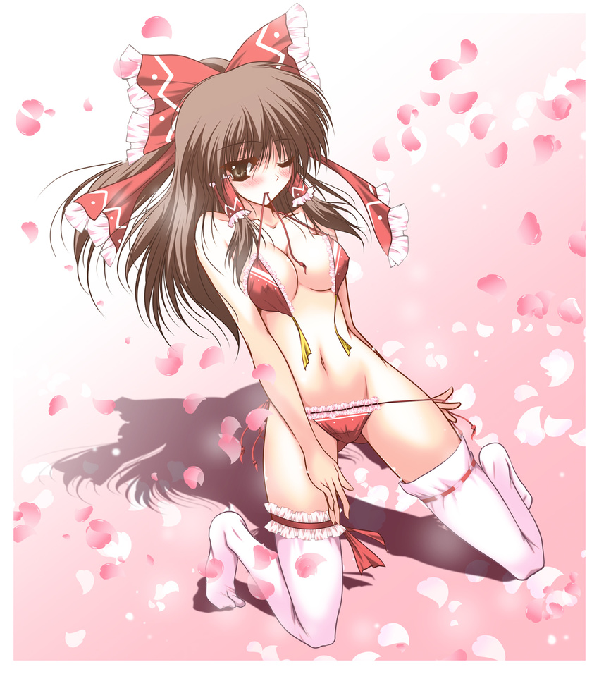 bare_shoulders bikini bikini_pull blush bow breasts brown_eyes brown_hair cleavage danshaku frilled_legwear front-tie_top groin hair_bow hair_tubes hakurei_reimu highres kneeling long_hair looking_at_viewer medium_breasts mouth_hold navel one_eye_closed panties panty_pull petals ponytail pulled_by_self solo swimsuit thighhighs touhou underwear undone undressing untied white_legwear