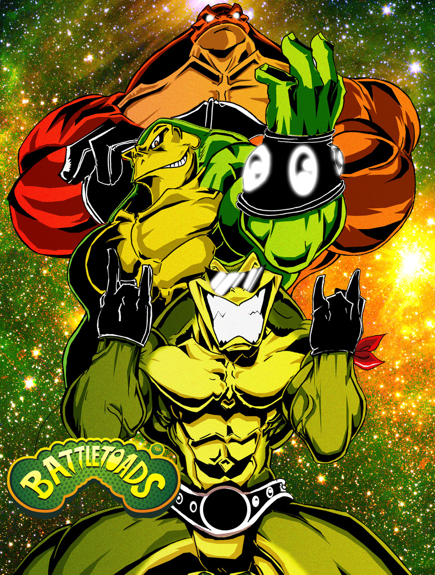 amazing amphibian anthro armor battletoads belt biceps eyewear flexing frown glasses gloves grin male muscles mutant navel pecs pimple pimple_(battletoads) pose rash rash_(battletoads) rayme3000 smile space sunglasses toad topless video_games zitz zitz_(battletoads)