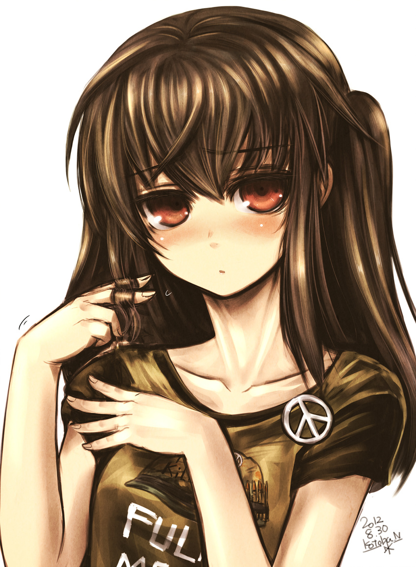 absurdres blush brown_hair collarbone dated full_metal_jacket hair_twirling highres kotoba_noriaki long_hair md5_mismatch original peace_symbol playing_with_own_hair red_eyes signature solo upper_body