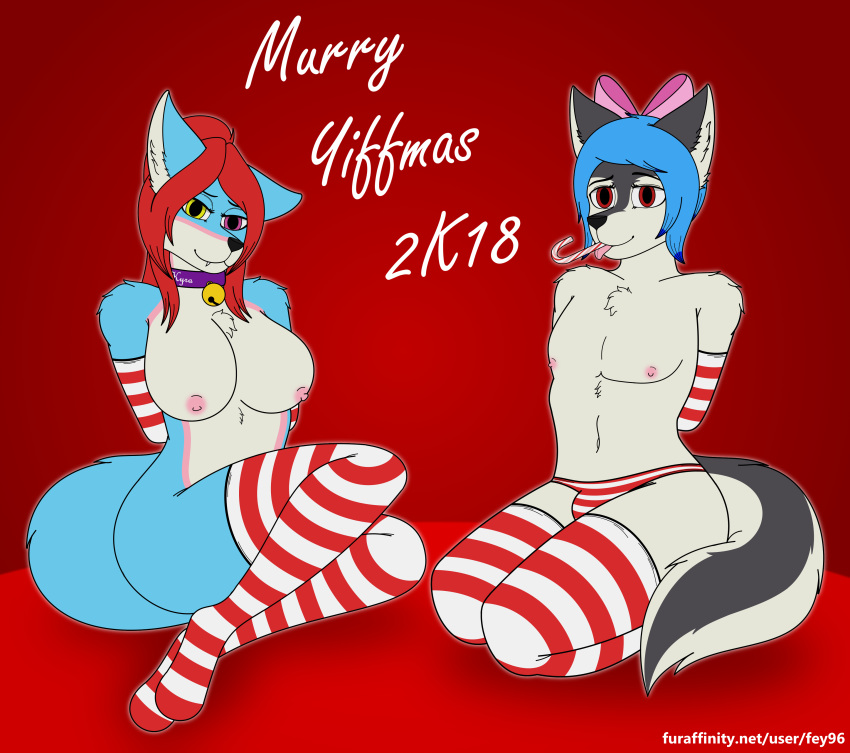 2018 anthro black_nose blue_fur blue_hair bow breasts candy candy_cane canine christmas clothing collar english_text female fey96 fey_(fey96) food fox fur girly grey_fur hair heterochromia holidays kyra_tucker_(fey96) legwear male mammal marble_fox nipples panties pink_fur pose red_eyes red_fox red_hair simple_background smile socks text thick_thighs thigh_highs tongue tongue_out underwear white_fur