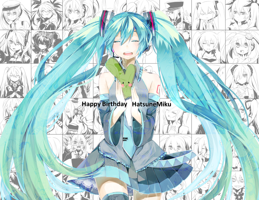 aqua_hair cat_food_(vocaloid) character_name closed_eyes common_world_domination_(vocaloid) detached_sleeves hachune_miku hajimete_no_koi_ga_owaru_toki_(vocaloid) hannyashingyou_pop_(vocaloid) happy_birthday hatsune_miku highres himitsu_keisatsu_(vocaloid) kagerou_days_(vocaloid) karakuri_pierrot_(vocaloid) koi_wa_sensou_(vocaloid) long_hair lost_and_found_(vocaloid) lots_of_laugh_(vocaloid) magnet_(vocaloid) matryoshka_(vocaloid) necktie nisoku_hokou_(vocaloid) pineapple_(a30930s) rolling_girl_(vocaloid) romeo_to_cinderella_(vocaloid) saihate_(vocaloid) see-through senbon-zakura_(vocaloid) shiteyan'yo skirt solo songover spica_(vocaloid) spring_onion the_beast_(vocaloid) thighhighs twintails very_long_hair vocaloid world_is_mine_(vocaloid)