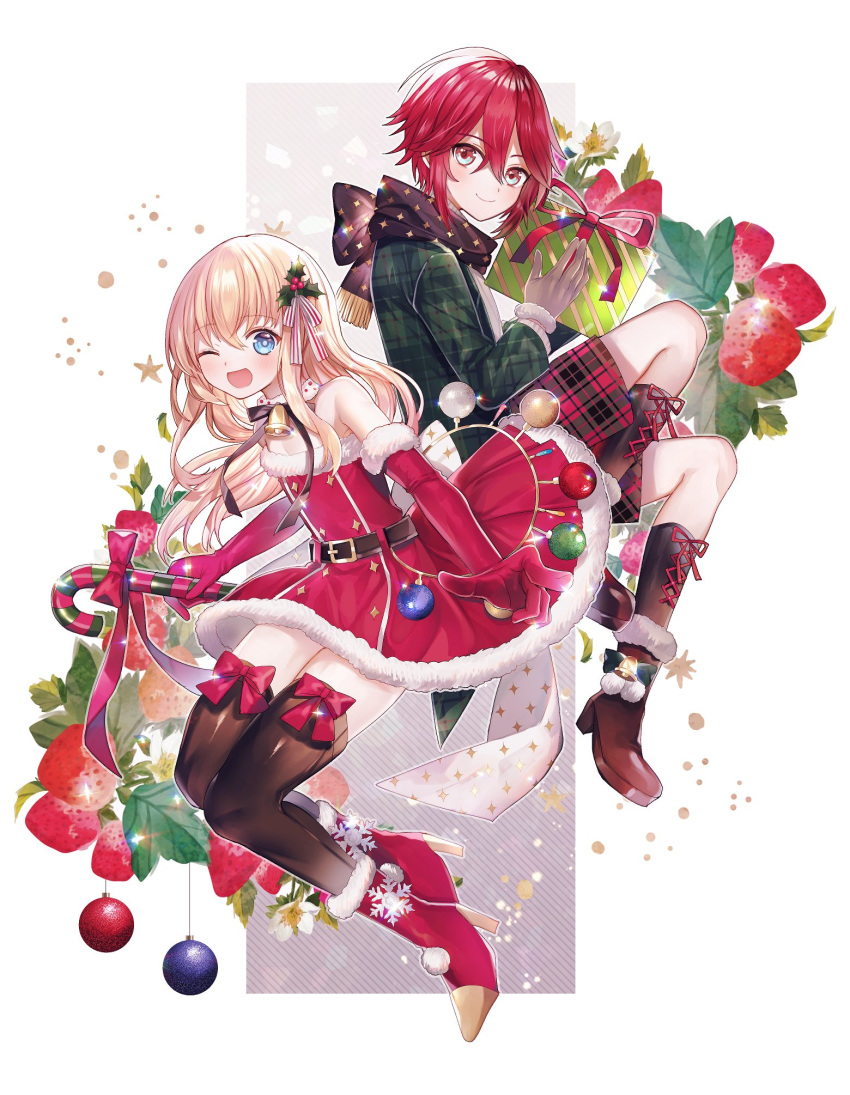 2boys ;d abandon_ranka bell black_legwear blonde_hair blue_eyes boots bow brown_gloves candy candy_cane christmas christmas_ornaments cross-laced_footwear dress elbow_gloves food fruit gift gloves hair_ornament high_heels highres holly_hair_ornament knee_boots lace-up_boots leaf male_focus midare_toushirou multiple_boys one_eye_closed open_mouth plaid plaid_shorts red_gloves red_hair santa_costume scarf shinano_toushirou shorts smile strawberry thighhighs touken_ranbu trap