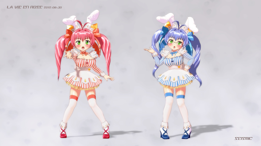 animal_ears blue_hair blue_shoes bunny_ears di_gi_charat glasses green_eyes hair_ribbon hair_ribbons high_heels highres long_hair looking_at_viewer maid_headdress multicolored_legwear pink_hair rabi_en_rose red_shoes ribbon seismic shoes skirt striped thighhighs twintails usada_hikaru vertical_stripes