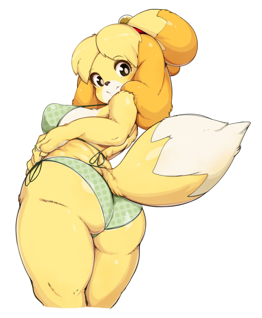 2019 animal_crossing anthro bell bikini breasts butt canine clothing dog female fur hi_res isabelle_(animal_crossing) looking_back mammal nintendo nipple_bulge shih_tzu simple_background slugbox solo swimsuit video_games white_background yellow_fur