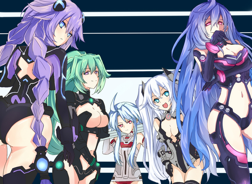 aqua_eyes ass black_heart blue_eyes blue_hair braid breasts cleavage green_hair green_heart ichigomiruku iris_heart kami_jigen_game_neptune_v large_breasts long_hair medium_breasts multiple_girls neptune_(series) ponytail purple_eyes purple_hair purple_heart red_eyes revealing_clothes smile symbol-shaped_pupils twin_braids twintails very_long_hair white_hair white_heart