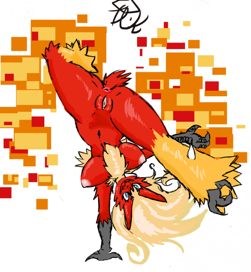 avian big_breasts blaziken blue_eyes breasts chest_tuft female fire fur handstand hanging_breasts happy hi_res kick nintendo nipples nude pixels plain_background pok&#233;mon pok&eacute;mon pussy solo talons tuft video_games wdie_hips wide_hips wolflance