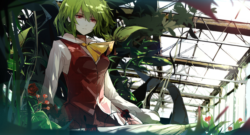 absurdres ascot bad_id bad_pixiv_id blouse expressionless flower green_hair greenhouse highres kazami_yuuka long_sleeves plant red_eyes red_flower red_rose rose sam_ashton short_hair solo touhou umbrella vest white_blouse wing_collar
