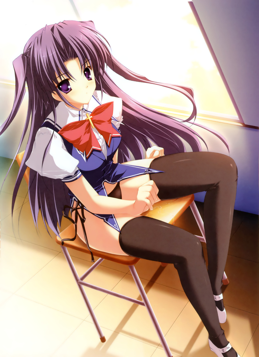 1girl absurdres black_legwear black_panties bottomless cross highres legs lyrical_lyric mikeou no_pants panties purple_eyes purple_hair ribbon school_uniform shoes side-tie_panties sitting solo string_panties table takami_rin thighhighs two_side_up underwear undressing uwabaki