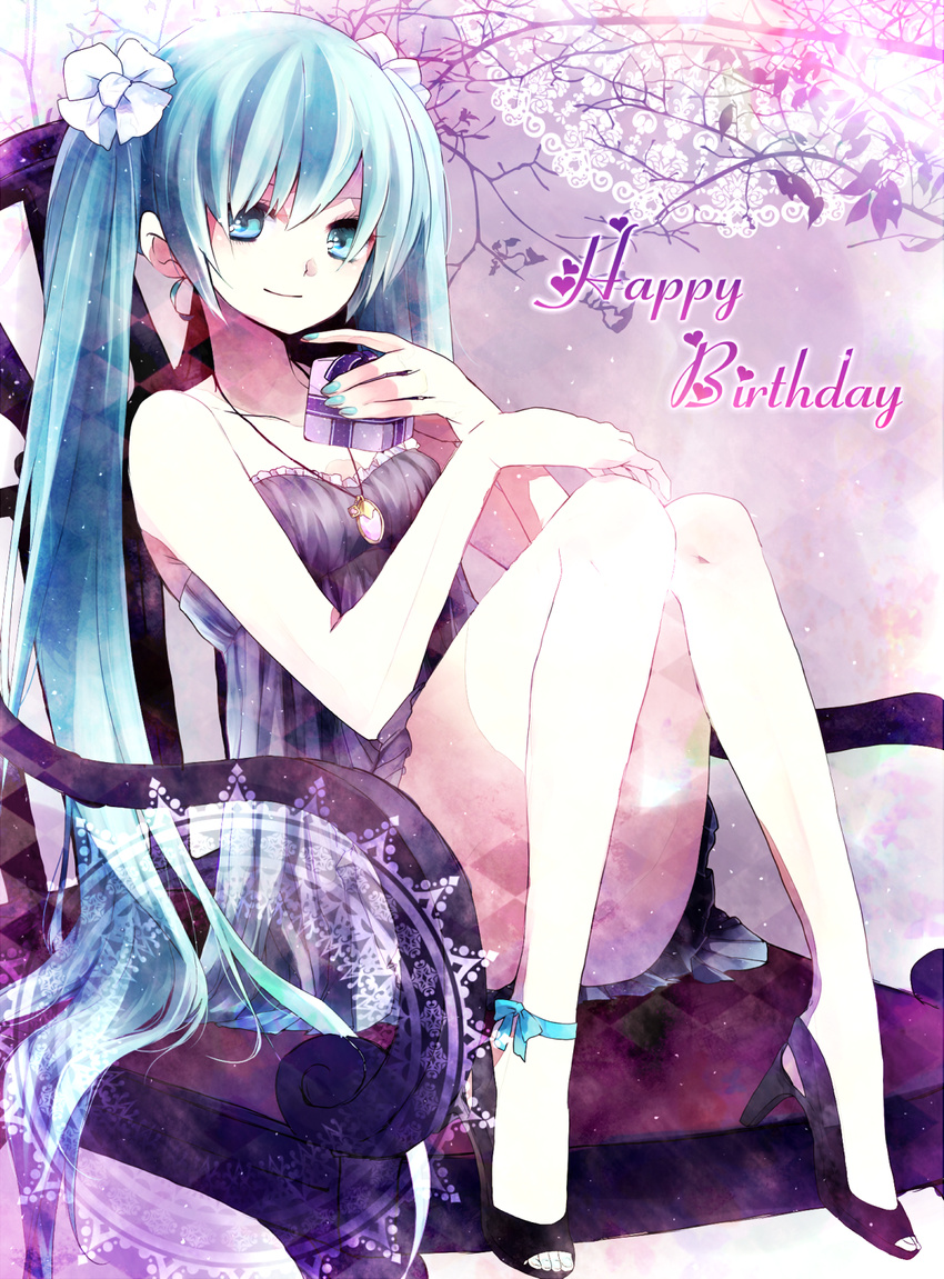 aqua_eyes aqua_hair bad_id bad_pixiv_id bow hair_bow happy_birthday hatsune_miku high_heels highres legs long_hair looking_at_viewer shoes sitting skirt smile solo sss3 twintails very_long_hair vocaloid