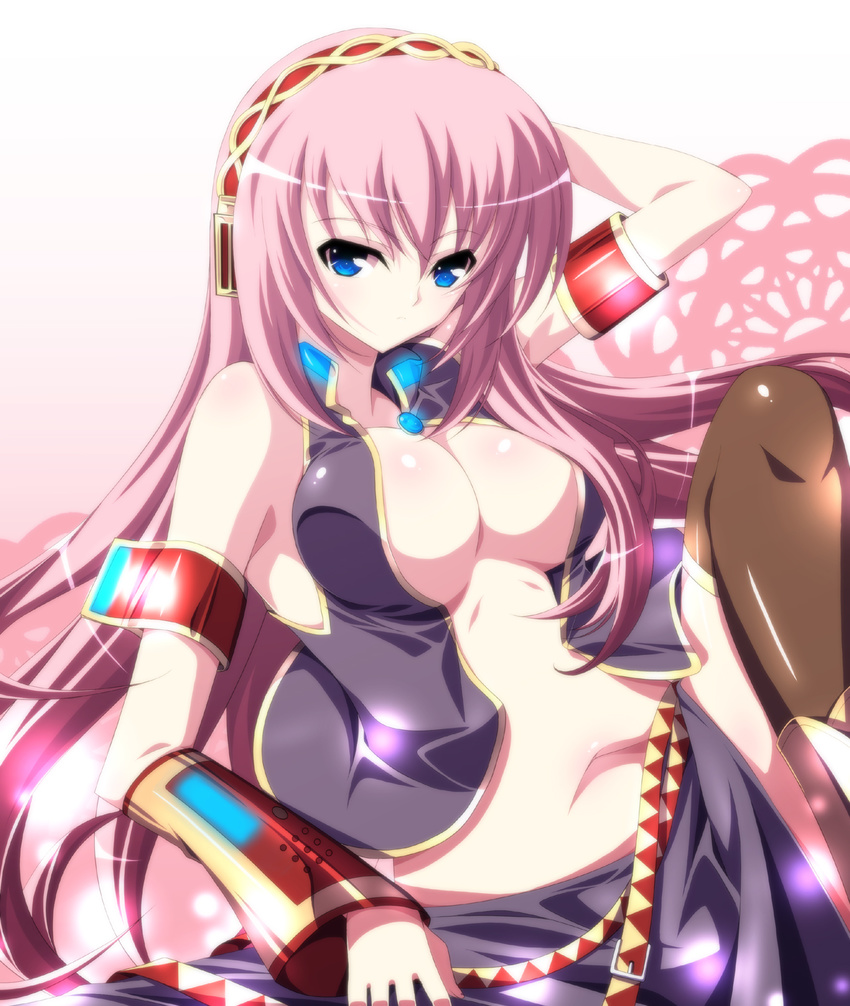 blue_eyes breasts cleavage highres ka2 large_breasts long_hair looking_at_viewer megurine_luka open_clothes pink_hair skirt solo thighhighs vocaloid