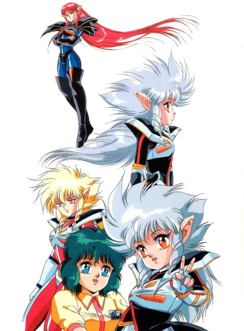 80s armor black_armor blonde_hair blue_bodysuit bodysuit brown_eyes crossed_arms drill_hair green_eyes green_hair highres hirano_toshihiro iczer-1 iczer-2 iczer-3 iczer_(series) iczer_densetsu kanou_nagisa long_hair multiple_girls official_art oldschool pointy_ears red_eyes red_hair scan short_hair smile tatakae!!_iczer-1 v white_background white_hair