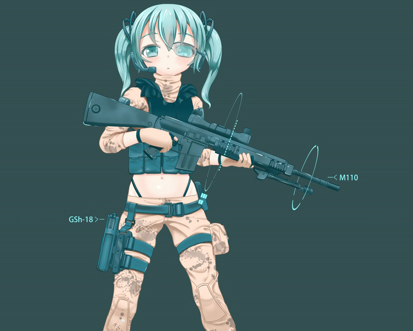 aqua_eyes aqua_hair armor blue gloves gun hatsune_miku oberssa panties parody short_hair twintails underwear vocaloid weapon