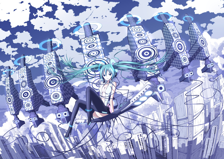 blue_hair breasts duplicate hatsune_miku landscape langjiao open_shirt scenic sky thighhighs twintails vocaloid