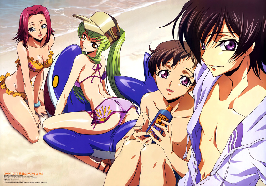 2girls ass beach bikini blue_eyes bracelet breasts butt_crack c.c. cleavage code_geass day frilled_bikini frills green_hair hat highres jewelry kallen_stadtfeld kawaguchi_rie kneeling lelouch_lamperouge long_hair looking_back lotion medium_breasts multiple_boys multiple_girls official_art ponytail red_hair rolo_lamperouge scan shark short_hair smile straddling sunscreen swimsuit yellow_eyes