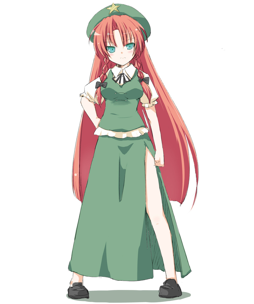 braid clenched_hands coo green_eyes hat highres hong_meiling long_hair puffy_sleeves red_hair short_sleeves solo standing star touhou twin_braids very_long_hair