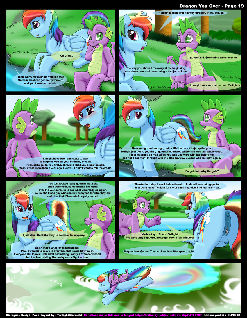 anatomically_correct anatomically_correct_pussy animal_genitalia anus ass_up blue_fur blush butt comic cub cutie_mark dialog dialogue dragon english_text equine equine_pussy female feral flying friendship_is_magic fur grass green_eyes hair horse kitsune_youkai male mammal multi-colored_hair my_little_pony outside pegasus penis pony puffy_anus purple_eyes purple_scales pussy pussy_juice rainbow_dash_(mlp) rainbow_hair scalie sex spike_(mlp) teats text tree water wings wood young