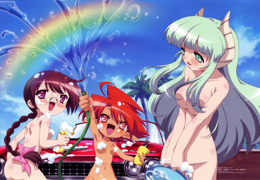 :d absurdres ahoge arm_up armpits ass back bangs blush body_blush bow braid breast_squeeze breasts brown_hair bucket car censored cleavage cloud convenient_arm convenient_censoring dark_skin day demon_girl falce glasses green_eyes green_hair groin ground_vehicle hair_between_eyes hair_bow hair_censor hair_over_breasts happy hasegawa_suzuho head_tilt height_difference highres holding horns hose large_breasts long_hair long_pointy_ears looking_back magician's_academy megami motor_vehicle multiple_girls navel nude official_art ookuma_takaharu open_mouth orange_hair out-of-frame_censoring outdoors palm_tree pointy_ears profile purple_eyes rainbow red_eyes red_hair scan short_hair sideboob sidelocks single_braid sky smile soap soap_bubbles soap_censor spiked_hair sponge standing swept_bangs tan tanarot tree v_arms very_long_hair wash water wide_hips