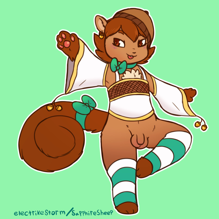 2018 acorn anthro balancing balls blush bottomless brown_eyes brown_fur brown_hair clothed clothing electrikestorm flaccid fur girly green_background hair hat hi_res leg_warmers legwear male mammal nut on_one_leg partially_clothed pawpads penis ribbons rodent sciurid simple_background skimpy solo standing striped_legwear stripes