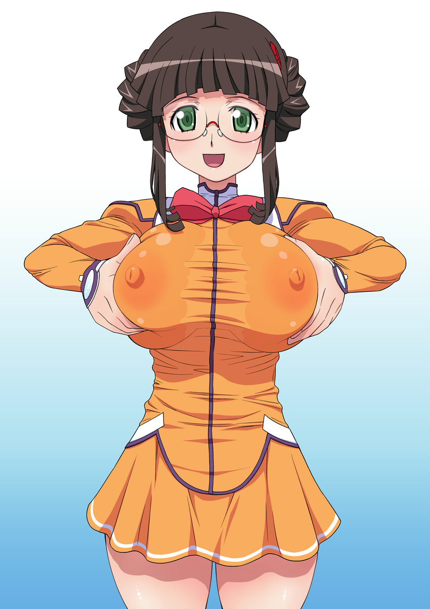 absurdres black_hair breast_hold breasts fujisawa_yayoi glasses green_eyes highres huge_breasts looking_at_viewer okamura_hijiki skirt smile solo uchuu_no_stellvia