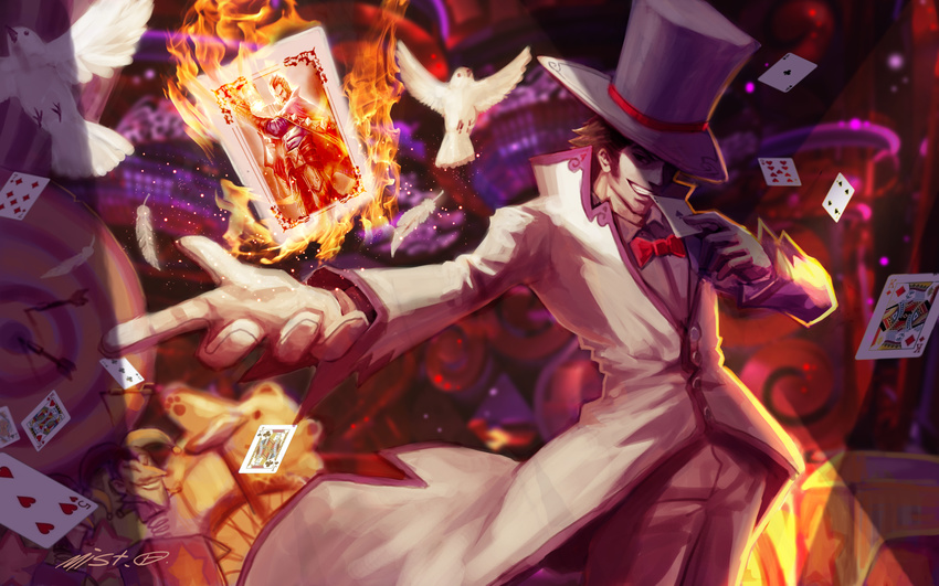 arrow card fire gloves hat highres jack_in_the_box_(toy) league_of_legends magic_trick malcolm_graves male_focus playing_card solo top_hat twisted_fate xiaoguimist