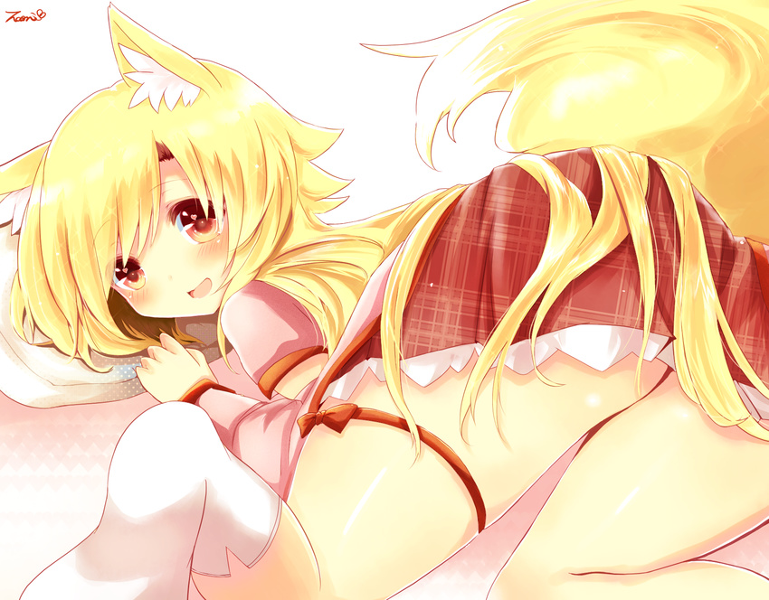 animal_ear_fluff animal_ears ass blonde_hair blush fox_ears fox_tail futaba_akane heart highres naomi_(sekai_no_hate_no_kissaten) no_panties open_mouth original pillow plaid plaid_skirt red_eyes ribbon skirt socks tail thigh_ribbon top-down_bottom-up