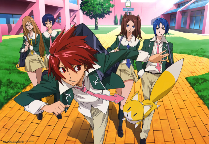 3girls absurdres animal blue_eyes blue_hair brown_eyes brown_hair endou_sarina fox glasses highres legs long_hair multiple_boys multiple_girls non-web_source official_art prez_(star_driver) red_eyes red_hair school_uniform shindou_sugata short_hair southern_cross_academy_uniform star_driver sugatame_tiger tsunashi_takuto very_long_hair yamasugata_jaguar