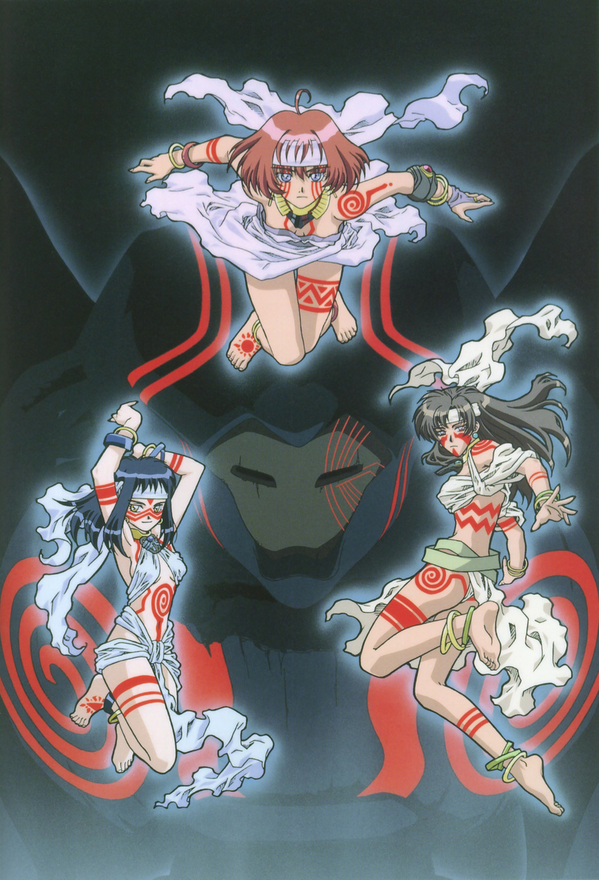 90s absurdres ahoge anklet armpits arms_up artist_request barefoot blue_hair bodypaint bracelet brown_hair feet glowing headband highres jewelry long_hair multiple_girls neo_ranga neo_ranga_(character) official_art red_eyes shimabara_minami shimabara_ushio shimabara_yuuhi short_hair soles toes tribal yellow_eyes