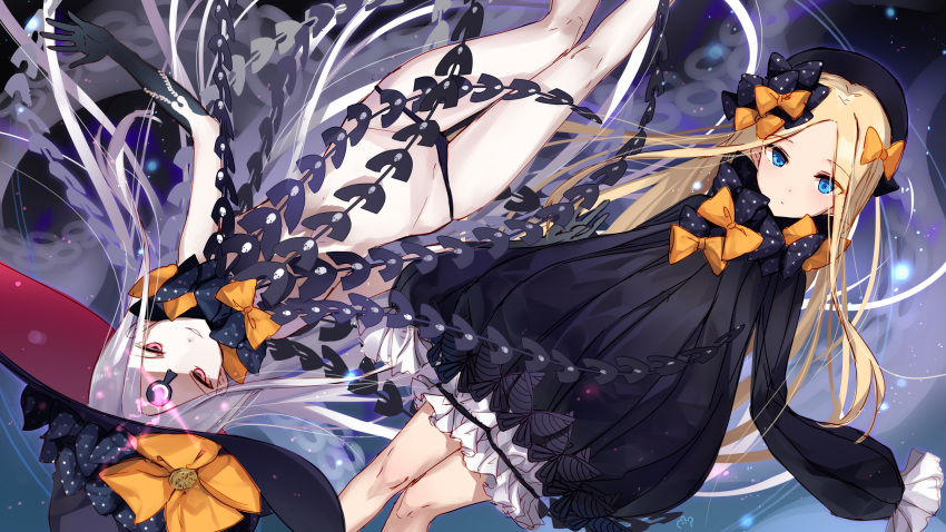 2girls abigail_williams_(fate/grand_order) absurdres bangs bison_cangshu black_bow black_dress black_gloves black_hat black_panties blonde_hair bloomers blue_eyes blush bow bug butterfly closed_mouth commentary_request dress dual_persona dutch_angle elbow_gloves fate/grand_order fate_(series) forehead gloves groin hair_bow half-closed_eyes hat hat_bow highres insect long_hair long_sleeves multiple_girls orange_bow pale_skin panties parted_bangs parted_lips polka_dot polka_dot_bow red_eyes revealing_clothes skull_print sleeves_past_fingers sleeves_past_wrists smile topless underwear very_long_hair white_bloomers white_hair witch_hat