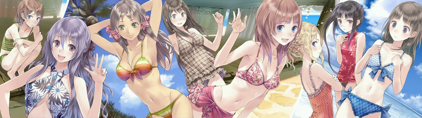 :d :t arched_back armpits arms_up atelier_(series) atelier_rorona atelier_totori bare_shoulders bikini bikini_skirt black_hair blonde_hair blue_bikini blue_eyes brown_hair casual_one-piece_swimsuit cecilia_helmold collage criss-cross_halter crossed_arms cuderia_von_feuerbach dark_skin filly_erhard flat_chest floral_print front-tie_top green_eyes hair_ornament hair_ribbon hairpin halter_top halterneck kishida_mel knees_to_chest long_hair looking_at_viewer mervia_siebel mimi_houllier_von_schwarzlang mole multicolored multicolored_bikini multicolored_clothes multicolored_stripes multiple_girls navel official_art one-piece_swimsuit open_mouth pamela_ibiss plaid plaid_swimsuit print_bikini purple_eyes purple_hair ribbon rororina_fryxell short_hair side-tie_bikini side_ponytail sitting smile striped sweatdrop swimsuit totooria_helmold tress_ribbon upper_body v