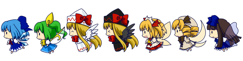 &gt;_&lt; :&gt; ^_^ black_hair blonde_hair blue_hair bow chibi cirno closed_eyes daiyousei drill_hair dual_persona fairy_wings green_hair highres lily_black lily_white long_hair luna_child multiple_girls short_hair side_ponytail simple_background socha star_sapphire sunny_milk touhou wings yousei_daisensou