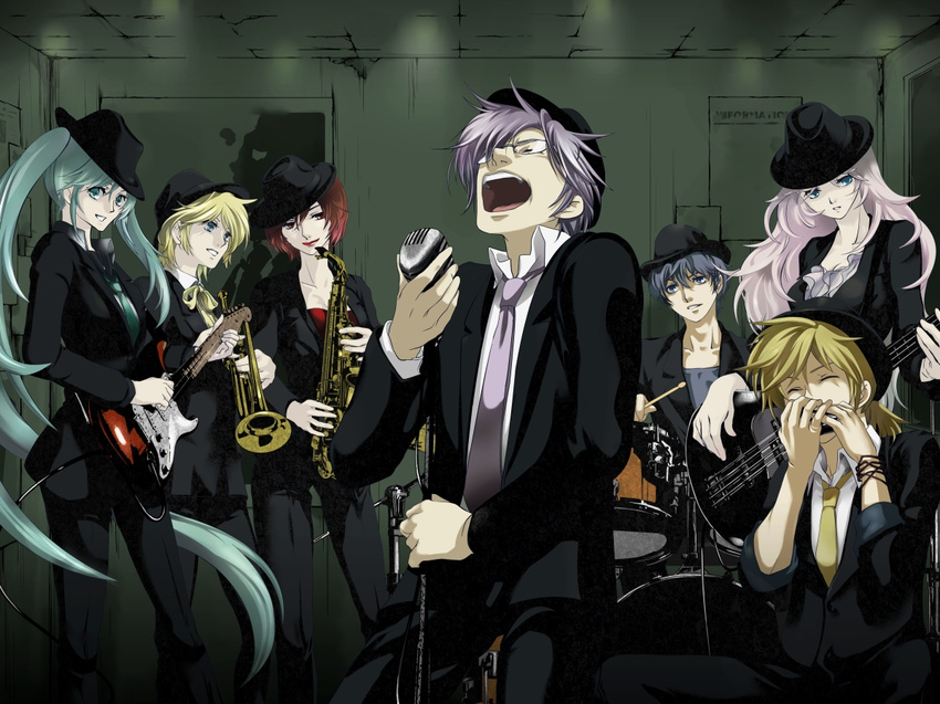 4girls aqua_eyes aqua_hair bad_id bad_pixiv_id bass_guitar bespectacled blonde_hair blue_eyes blue_hair brown_eyes brown_hair drum fedora formal glasses guitar hat hatsune_miku instrument kagamine_len kagamine_rin kaito kamui_gakupo long_hair megurine_luka meiko microphone microphone_stand multiple_boys multiple_girls music natsume_minato open_mouth pant_suit pink_hair short_hair singing smile suit trumpet twintails vocaloid