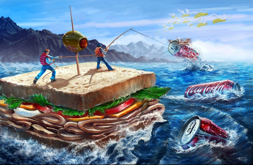 bread can cheese chips coca-cola day epic fishing fishing_rod food hat highres killingspr lettuce male_focus mountain multiple_boys ocean olive onion original oversized_food oversized_object product_placement sandwich signature sky soda_can surreal tomato toothpick what