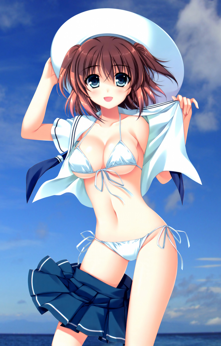 :d absurdres alpha_(yukai_na_nakamatachi) aqua_eyes bikini breasts brown_hair character_request cleavage cloud day front-tie_top hat highres medium_breasts navel ocean open_mouth school_uniform serafuku short_twintails side-tie_bikini skirt skirt_around_one_leg sky smile solo source_request swimsuit twintails undressing