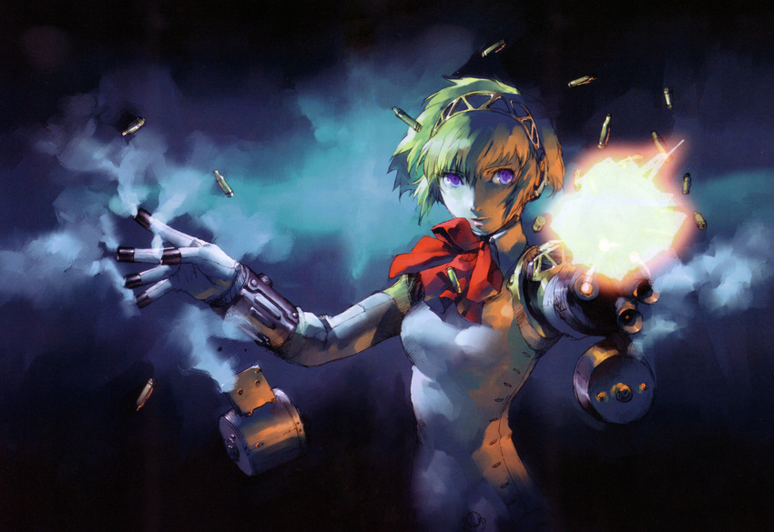 absurdres aegis_(persona) aiming aiming_at_viewer android bangs blonde_hair bow bowtie breasts casing_ejection closed_mouth dark firing green_hair hairband highres lips looking_afar magazine_(weapon) magazine_ejection medium_breasts muzzle_flash outstretched_arms persona persona_3 purple_eyes red_bow red_neckwear shell_casing short_hair sideways_glance smoke smoke_trail soejima_shigenori solo upper_body