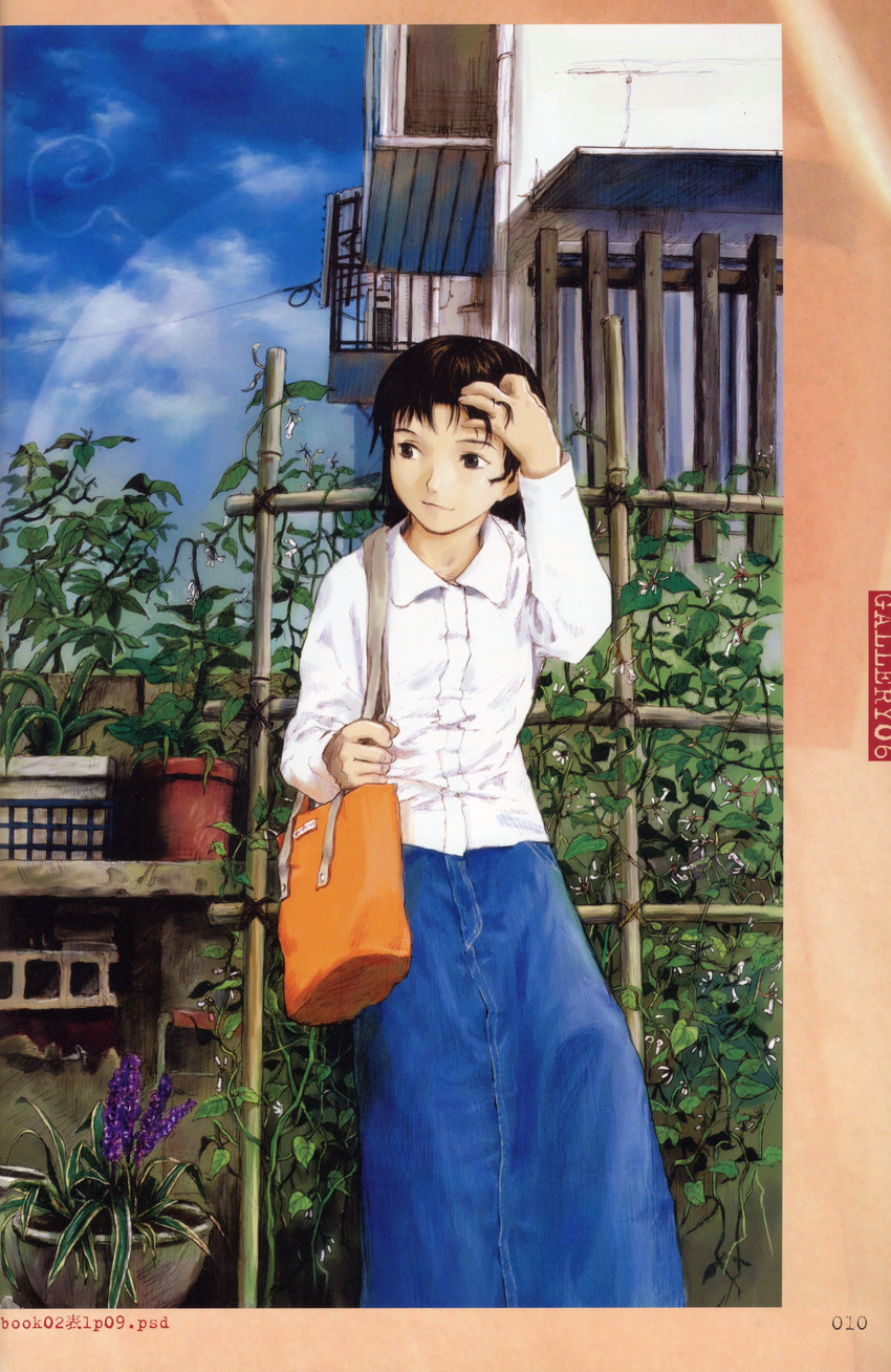 abe_yoshitoshi absurdres adjusting_hair air_conditioner androgynous bag balcony bangs blue_sky brown_eyes brown_hair bulge chigasaki_mayuko closed_mouth cloud collared_shirt day denim denim_skirt flower flower_pot handbag highres house lavender_(flower) long_skirt long_sleeves looking_to_the_side niea_7 outdoors over_shoulder page_number plant potted_plant railing scan shirt skirt sky smile solo white_shirt wing_collar